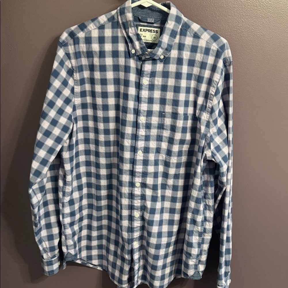 Express Navy and Pink Slim Soft Wash Plaid Shirt size large
